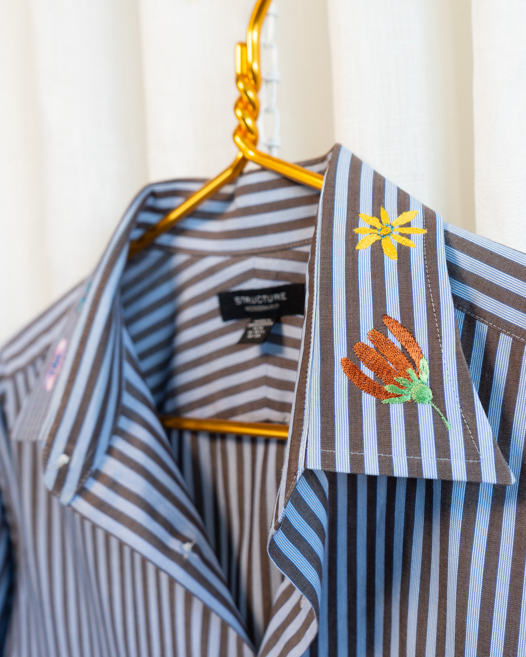 00s "Swedish Flowers" Embroidered Brown & Blue Striped Shirt