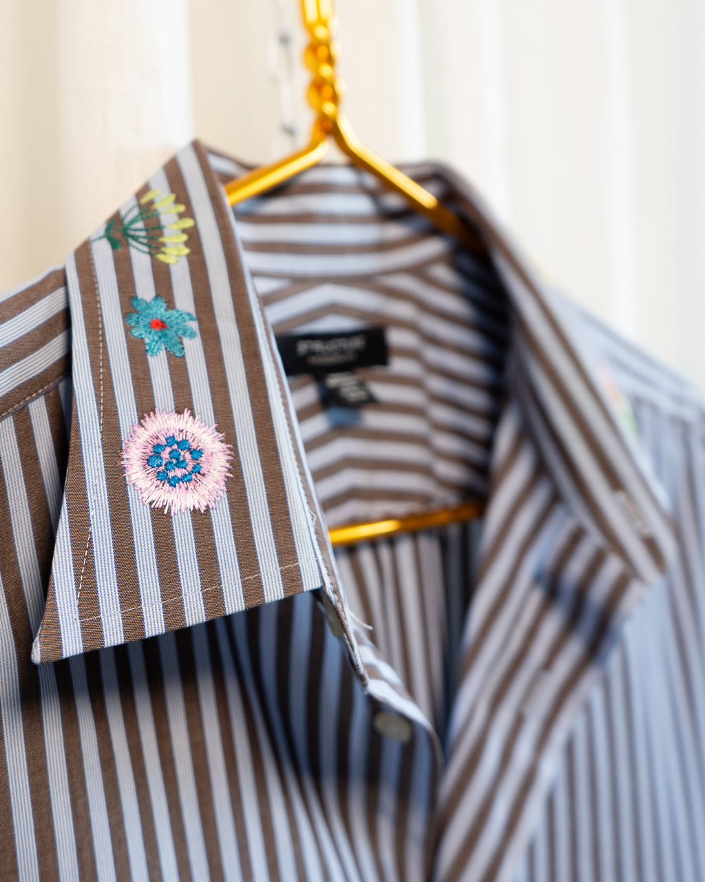 00s "Swedish Flowers" Embroidered Brown & Blue Striped Shirt