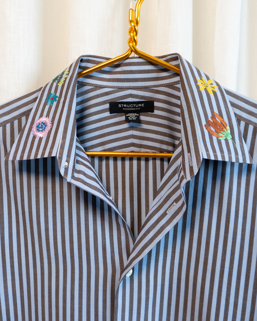 00s "Swedish Flowers" Embroidered Brown & Blue Striped Shirt