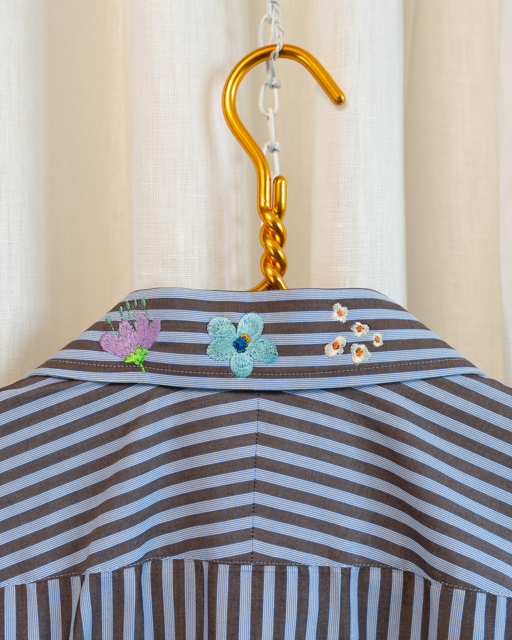 00s "Swedish Flowers" Embroidered Brown & Blue Striped Shirt