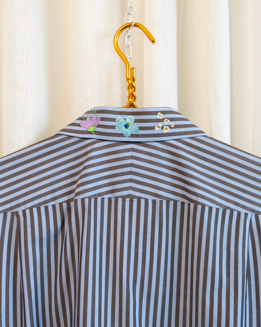 00s "Swedish Flowers" Embroidered Brown & Blue Striped Shirt