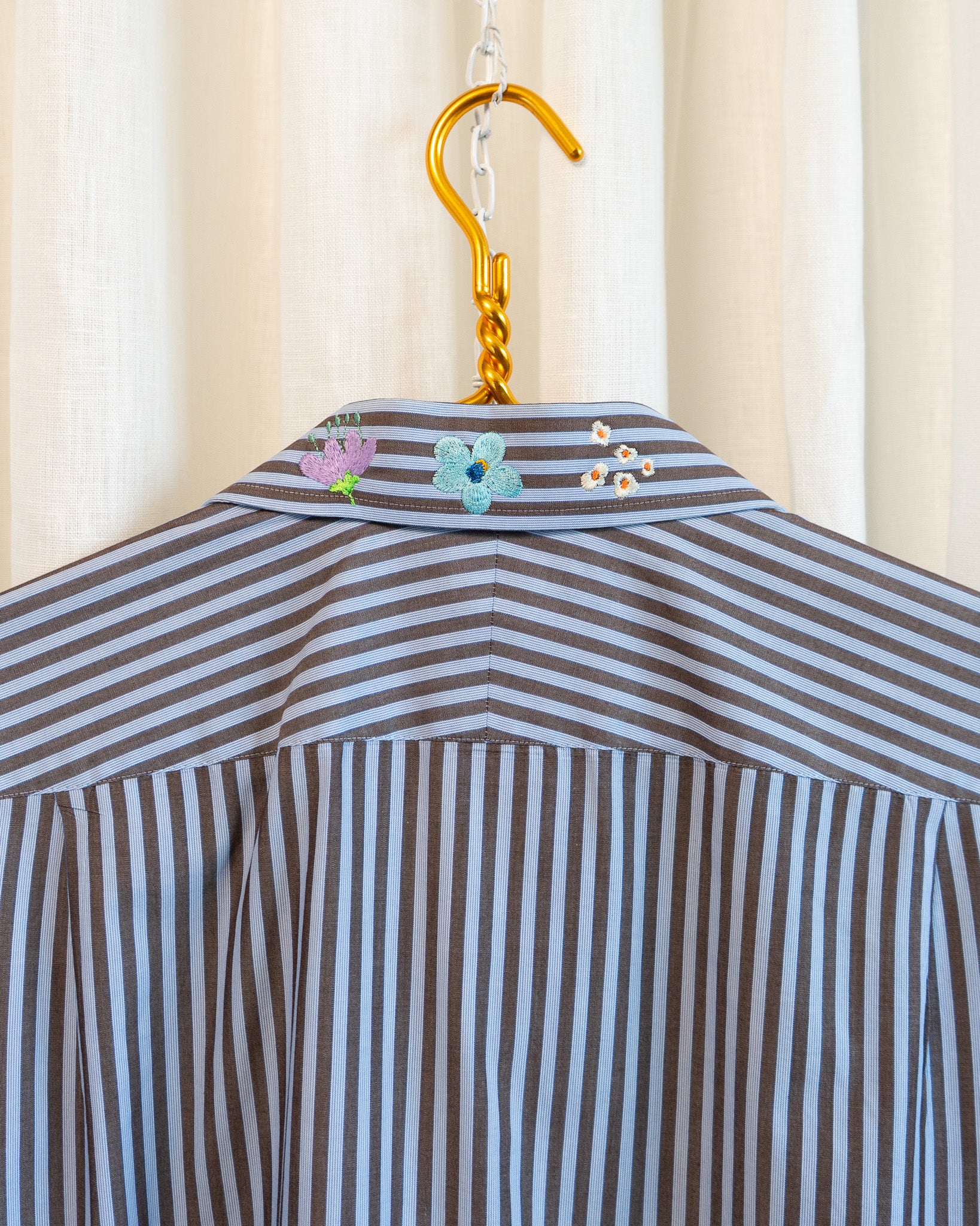 00s "Swedish Flowers" Embroidered Brown & Blue Striped Shirt