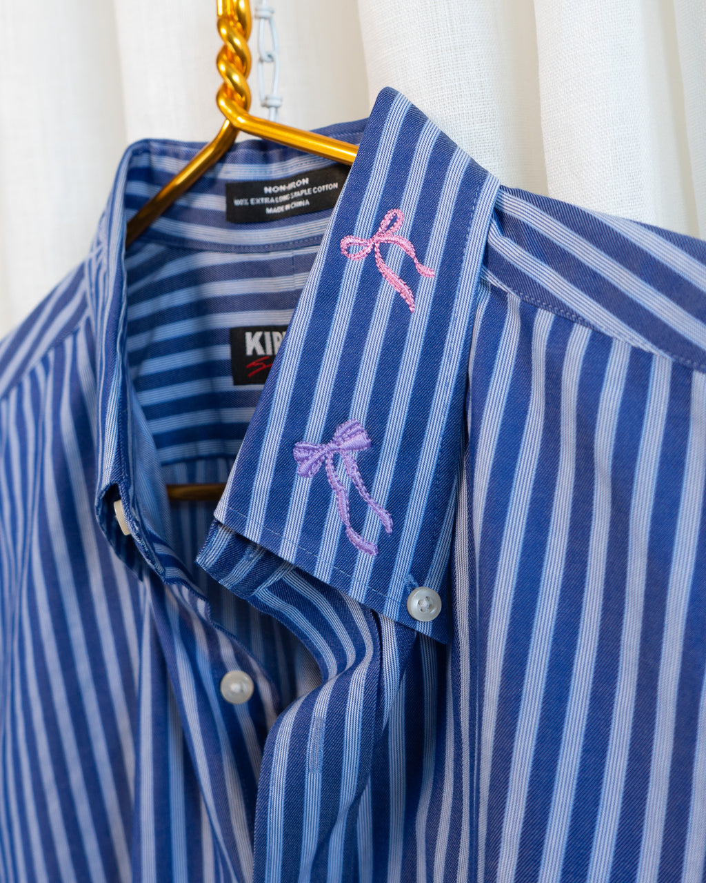 Modern "Pretty Bows" Embroidered Collar Blue Striped LS Shirt