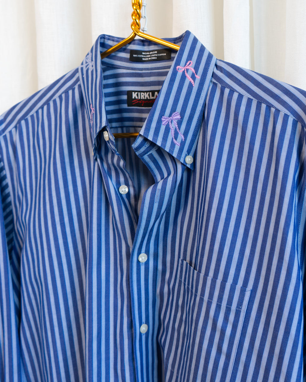 Modern "Pretty Bows" Embroidered Collar Blue Striped LS Shirt