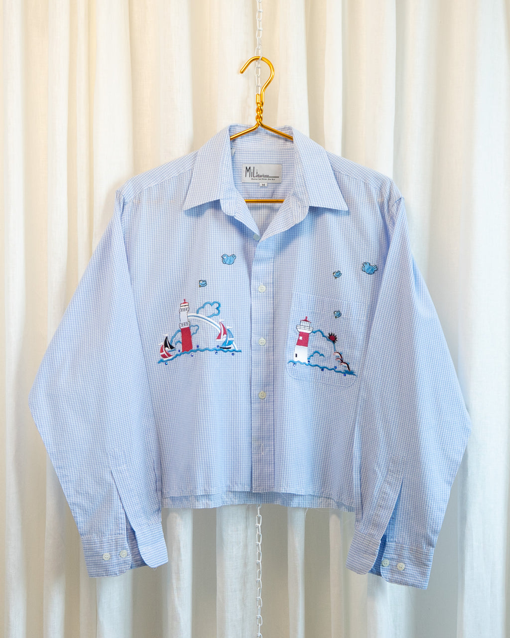 90s Hemmed Blue Gingham Bedazzled Lighthouse & Sea Life Patches LS Shirt