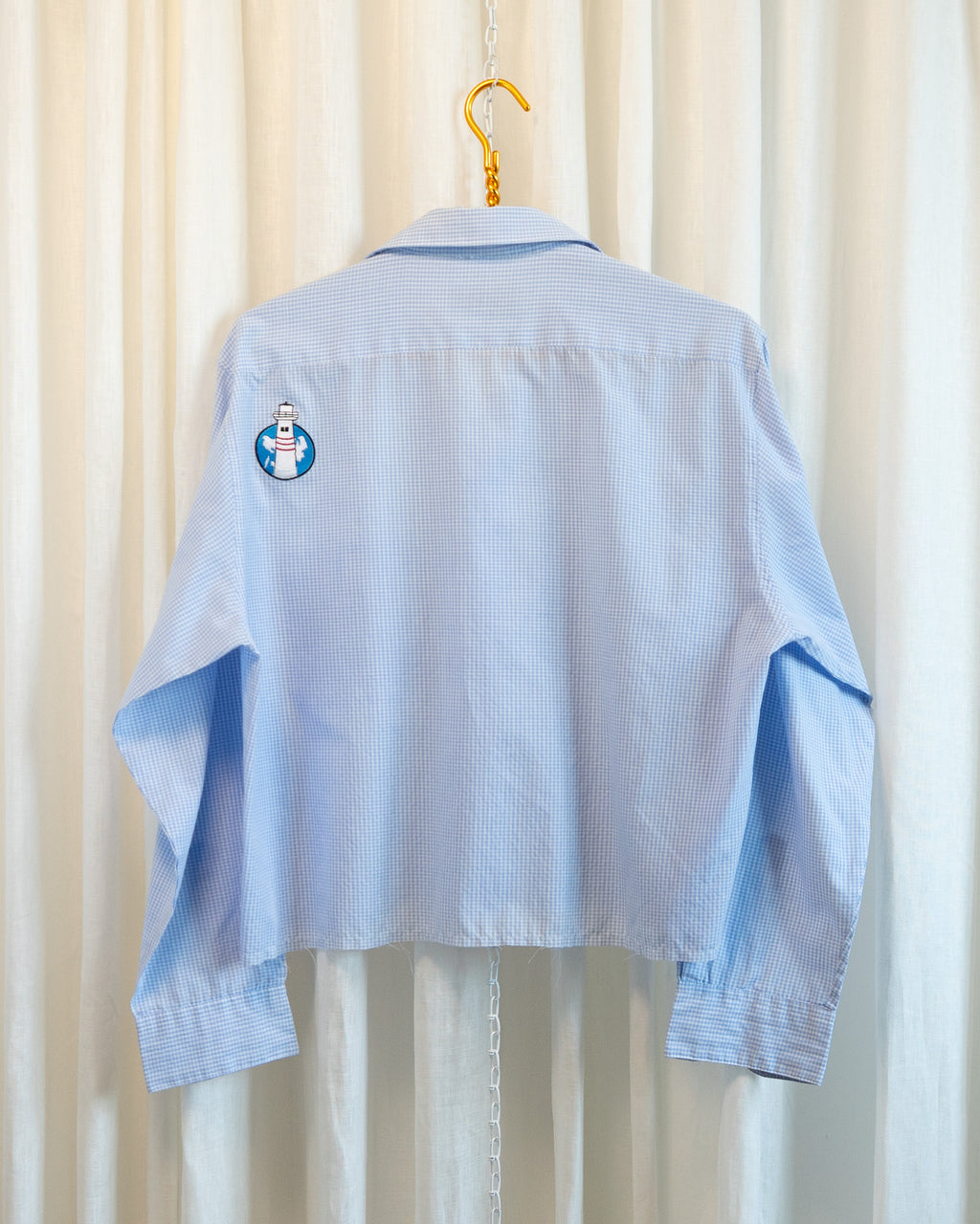 90s Hemmed Blue Gingham Bedazzled Lighthouse & Sea Life Patches LS Shirt