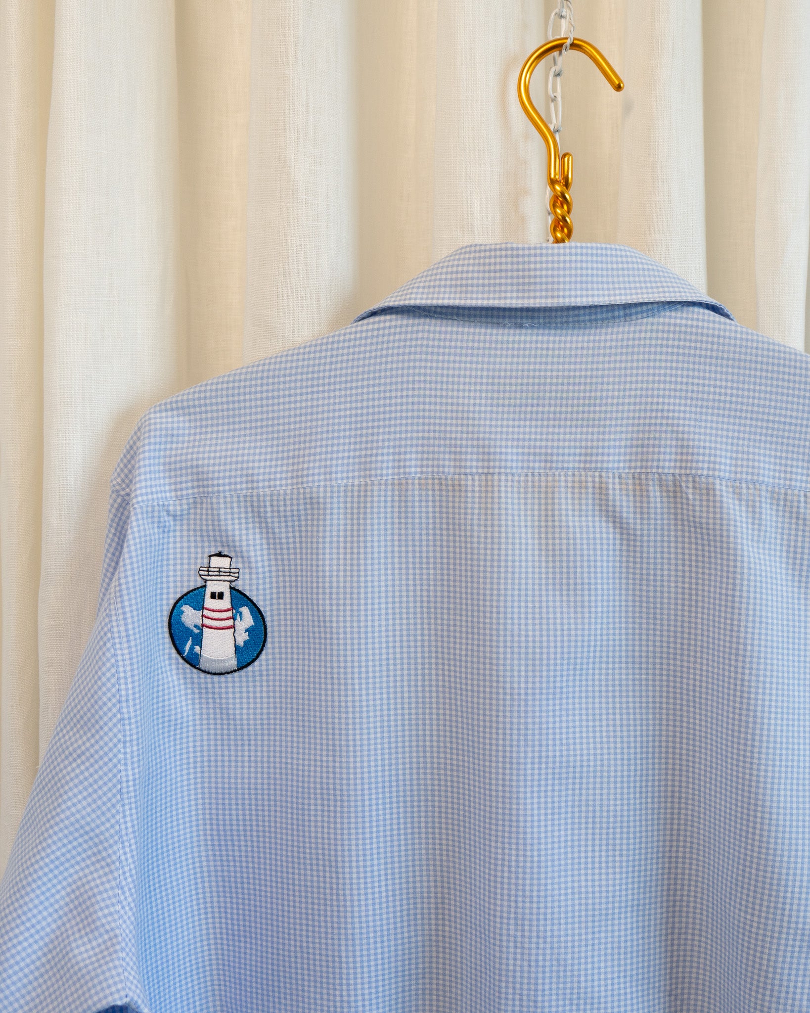 90s Hemmed Blue Gingham Bedazzled Lighthouse & Sea Life Patches LS Shirt