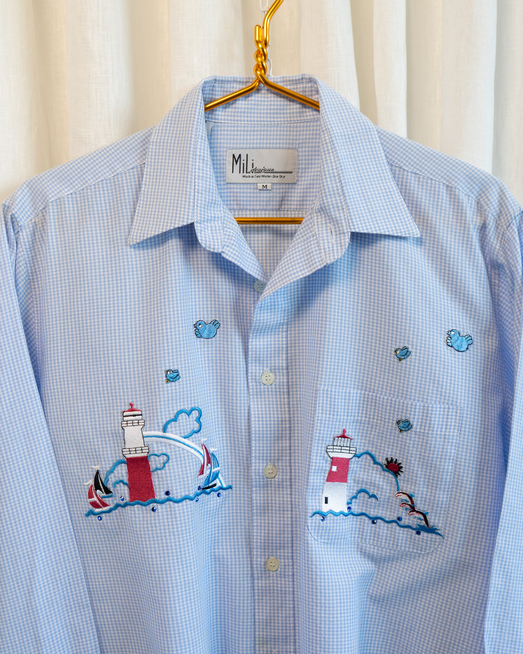 90s Hemmed Blue Gingham Bedazzled Lighthouse & Sea Life Patches LS Shirt