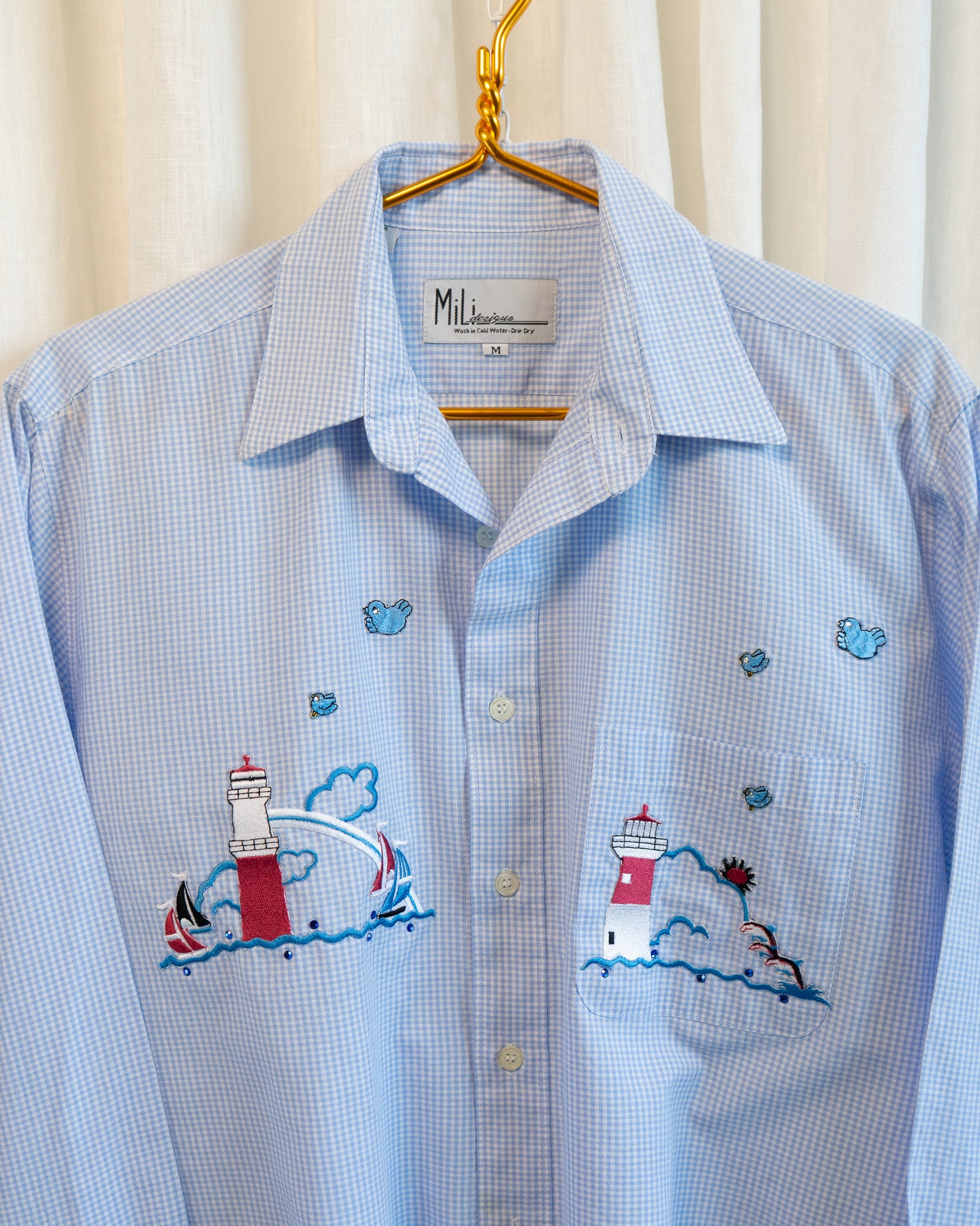 90s Hemmed Blue Gingham Bedazzled Lighthouse & Sea Life Patches LS Shirt