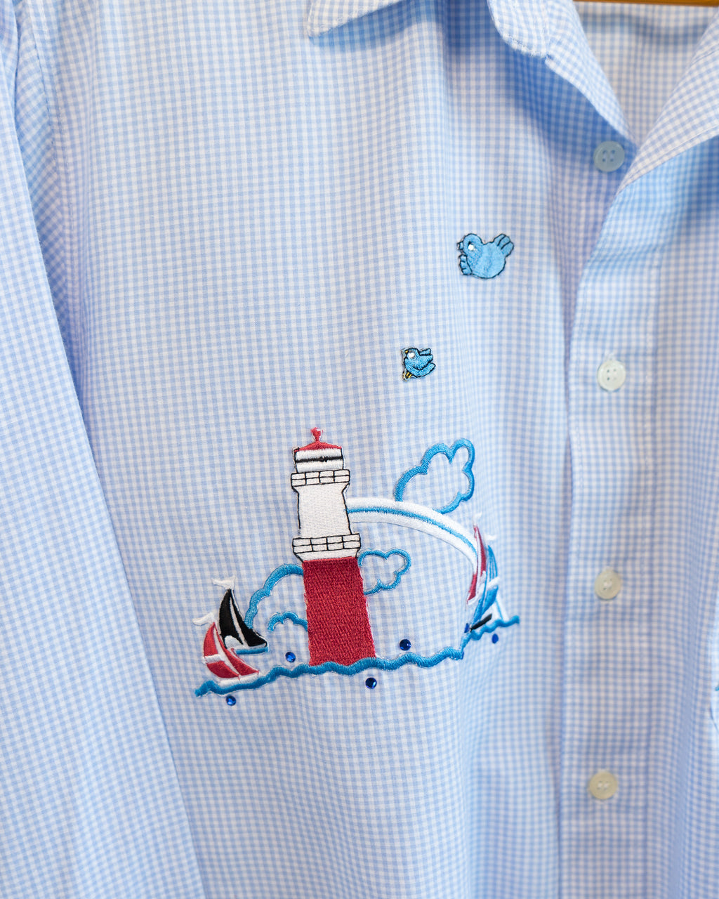 90s Hemmed Blue Gingham Bedazzled Lighthouse & Sea Life Patches LS Shirt