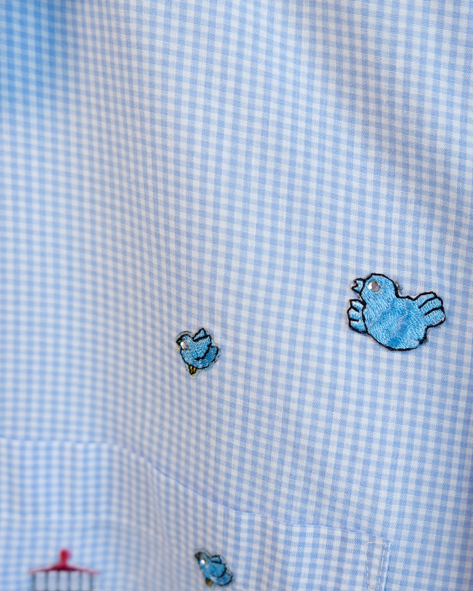90s Hemmed Blue Gingham Bedazzled Lighthouse & Sea Life Patches LS Shirt