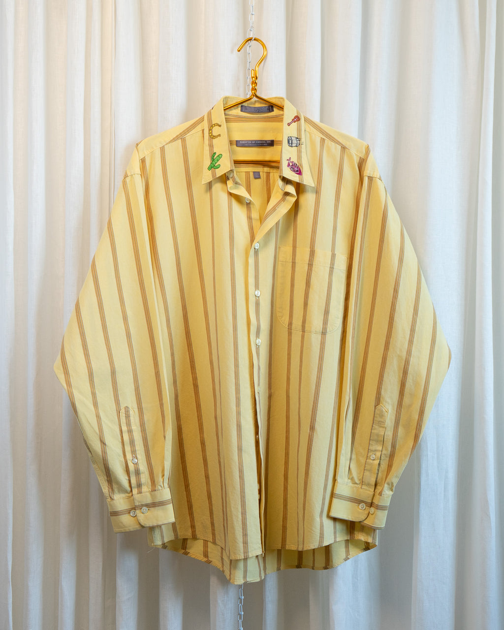 90s "Western" Embroidered Yellow Striped Fine Comb Cotton Shirt