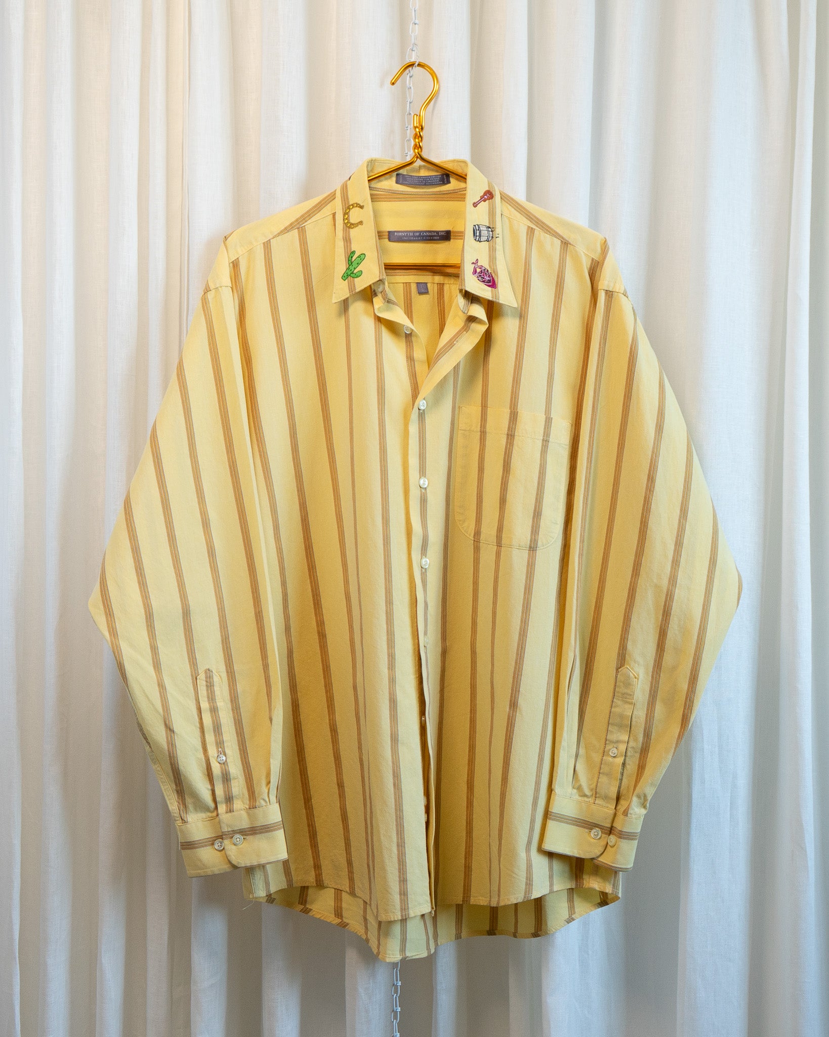 90s "Western" Embroidered Yellow Striped Fine Comb Cotton Shirt
