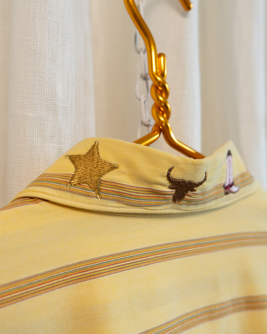 90s "Western" Embroidered Yellow Striped Fine Comb Cotton Shirt