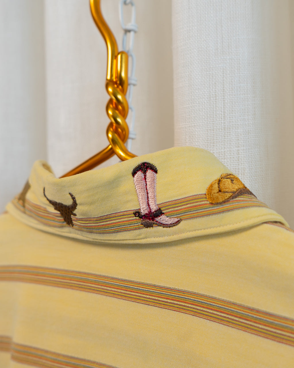 90s "Western" Embroidered Yellow Striped Fine Comb Cotton Shirt