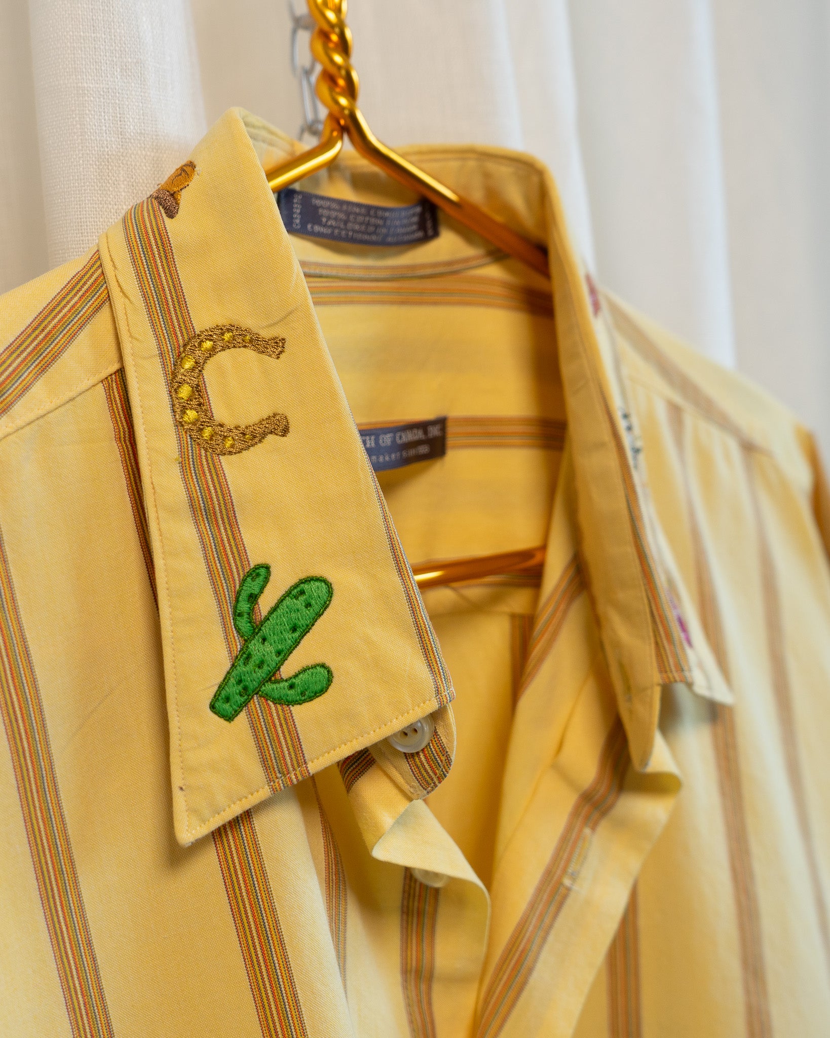 90s "Western" Embroidered Yellow Striped Fine Comb Cotton Shirt