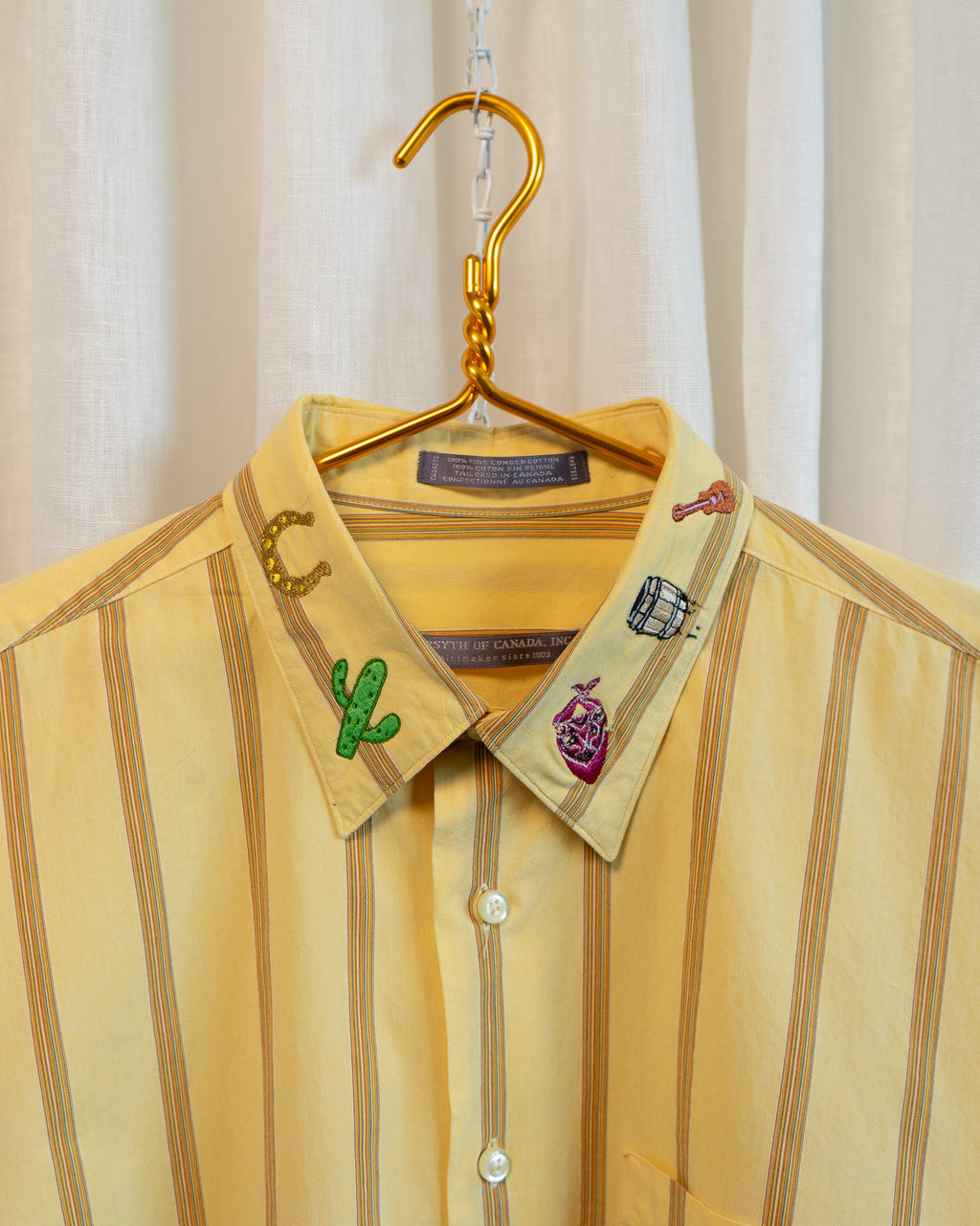 90s "Western" Embroidered Yellow Striped Fine Comb Cotton Shirt