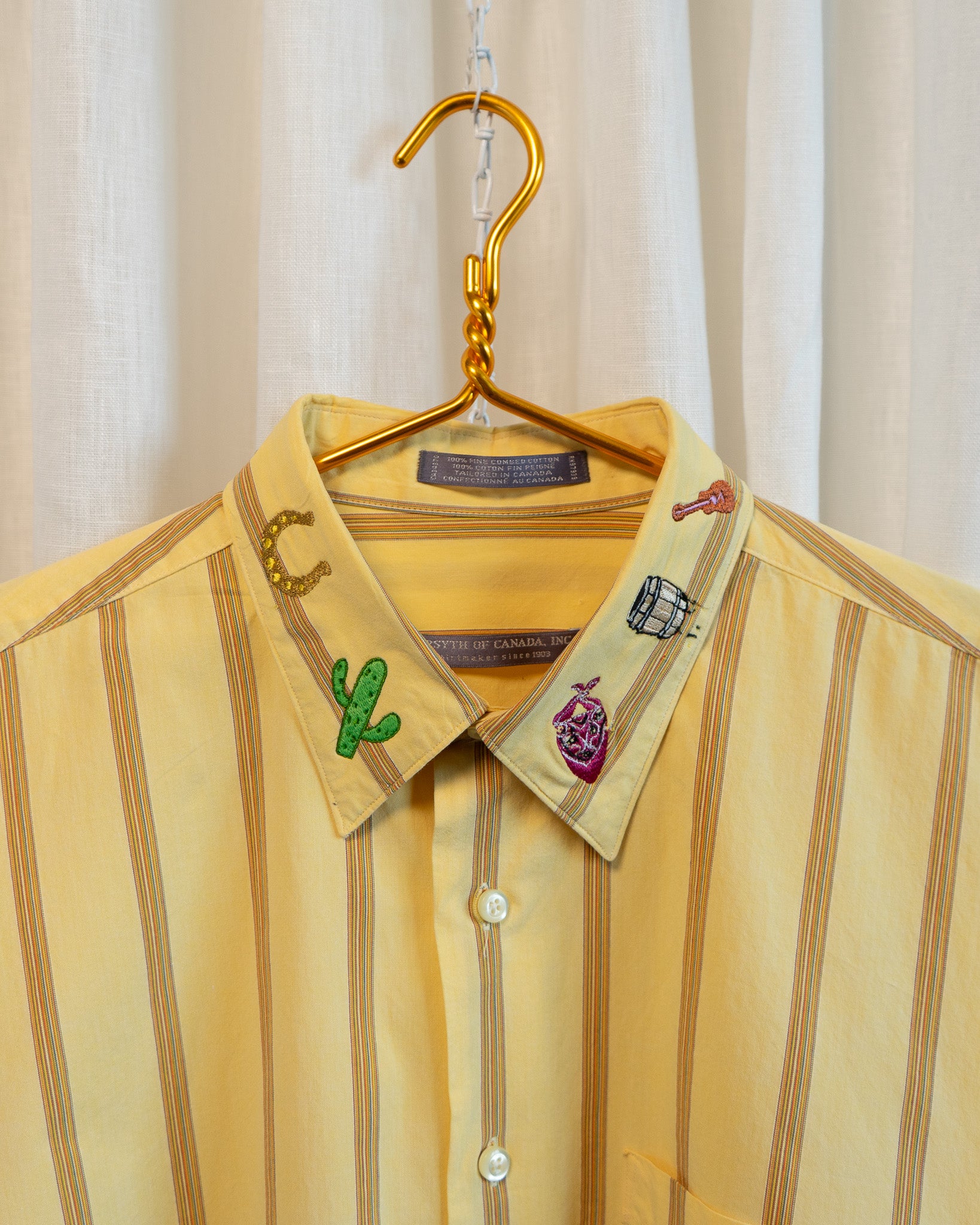 90s "Western" Embroidered Yellow Striped Fine Comb Cotton Shirt