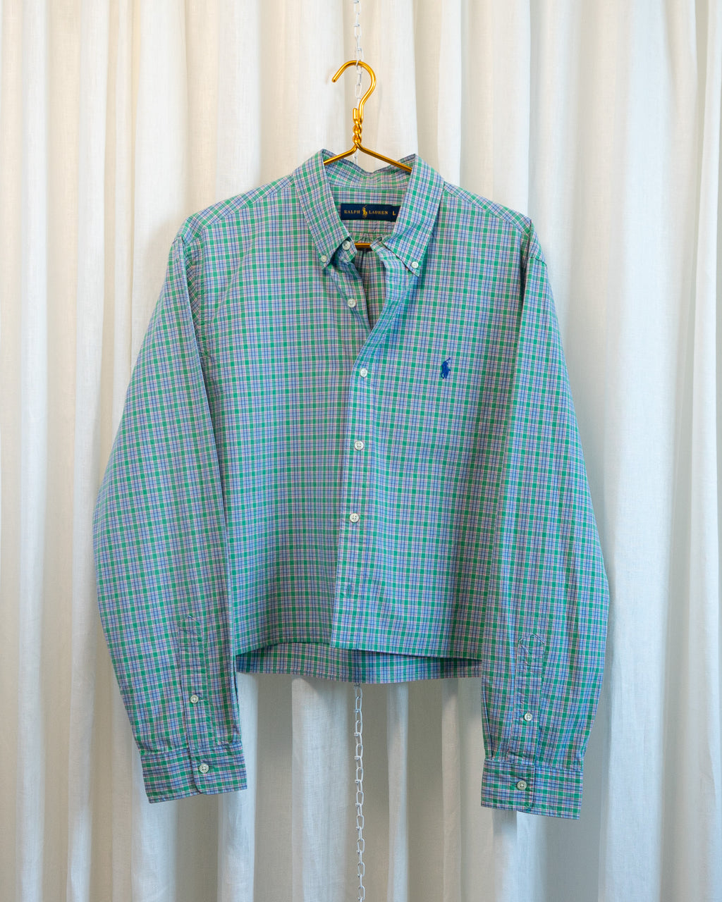 90s Hemmed Ralph Lauren Green Blue Micro Plaid Shirt