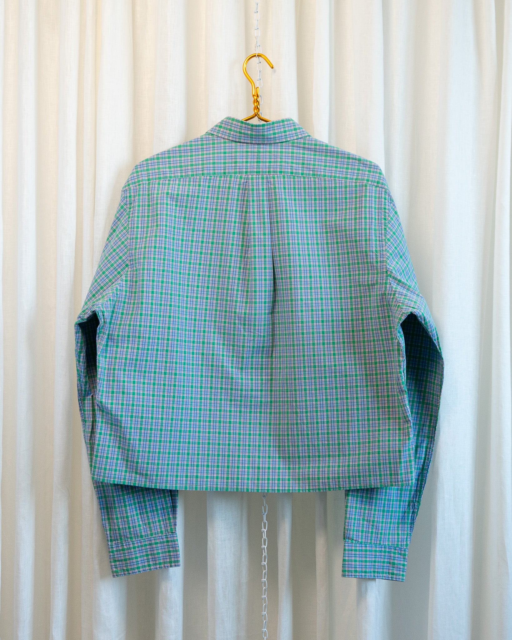 90s Hemmed Ralph Lauren Green Blue Micro Plaid Shirt