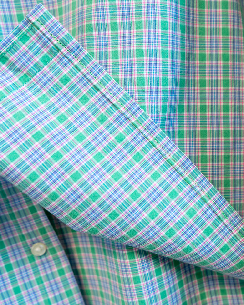 90s Hemmed Ralph Lauren Green Blue Micro Plaid Shirt