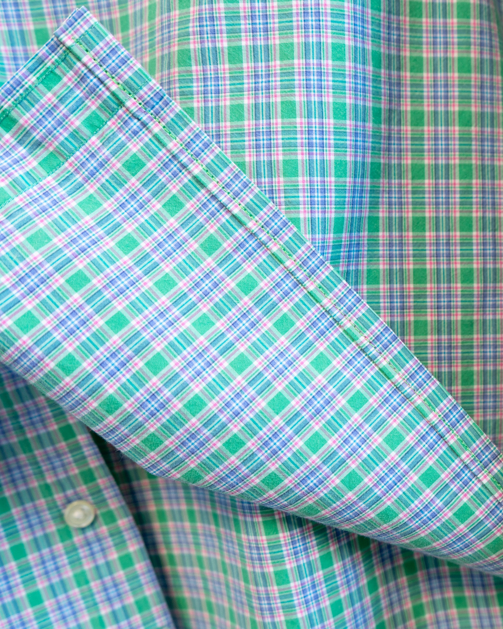 90s Hemmed Ralph Lauren Green Blue Micro Plaid Shirt