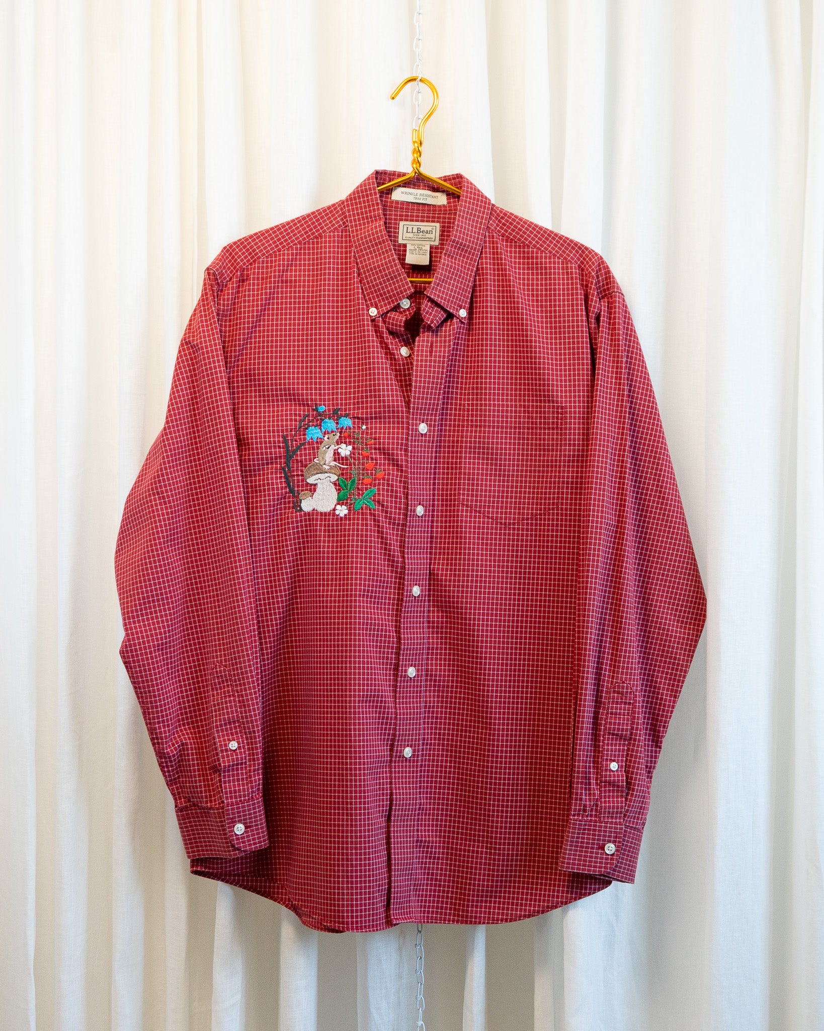 90s LL Bean "Frolicking Mouse in Garden" Embroidered Red Plaid Shirt