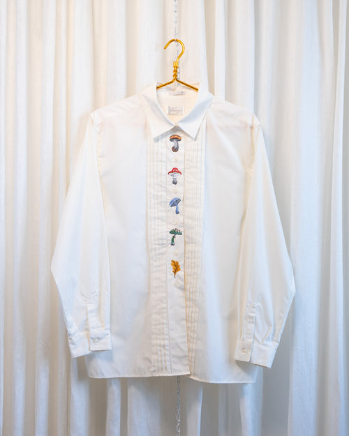 00s "Mushrooms of the Forest" Embroidered Off White Pleated Front Long Sleeved Shirt