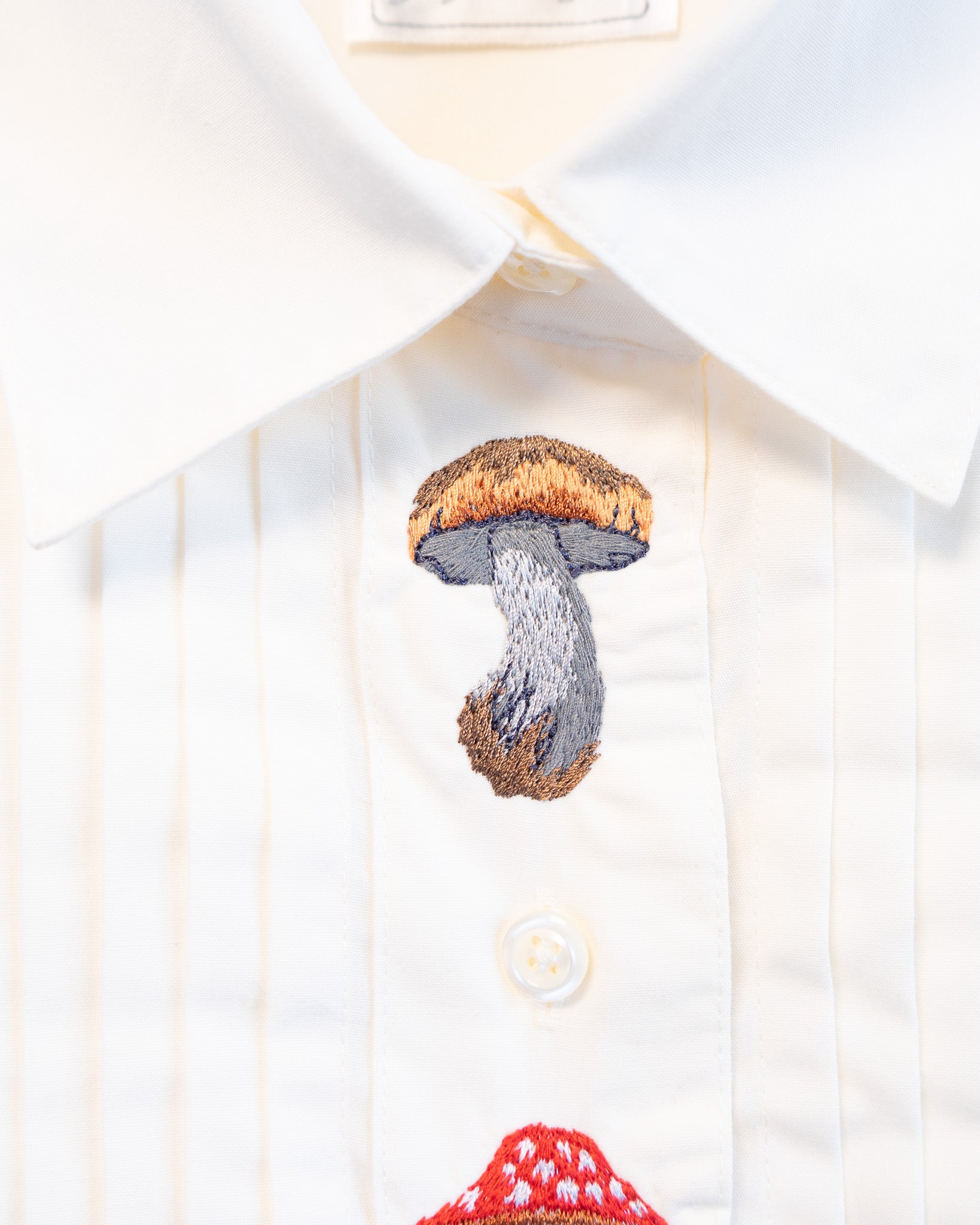 00s "Mushrooms of the Forest" Embroidered Off White Pleated Front Long Sleeved Shirt