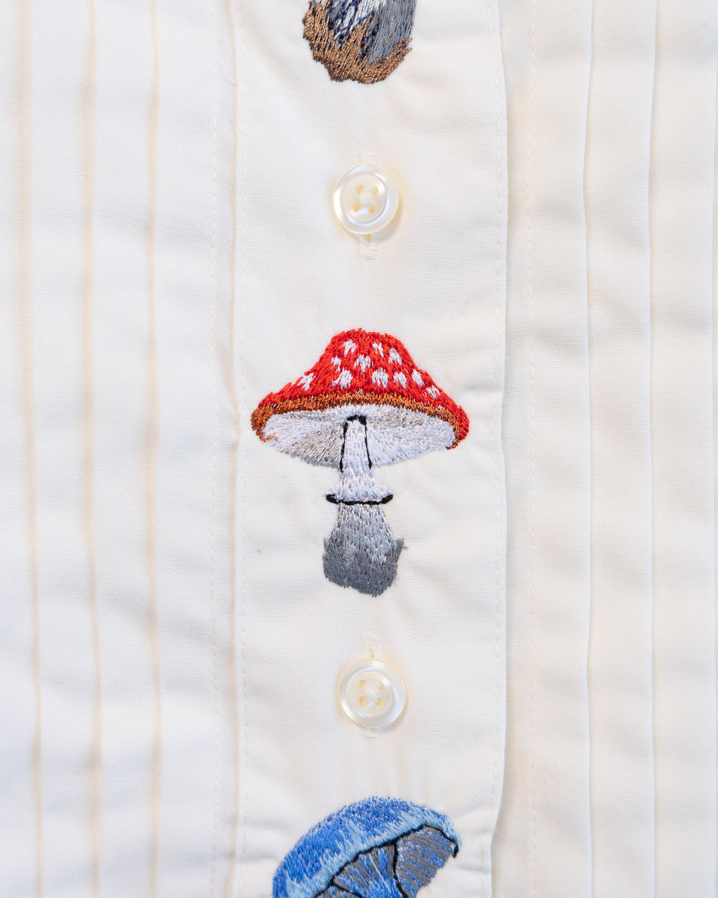 00s "Mushrooms of the Forest" Embroidered Off White Pleated Front Long Sleeved Shirt