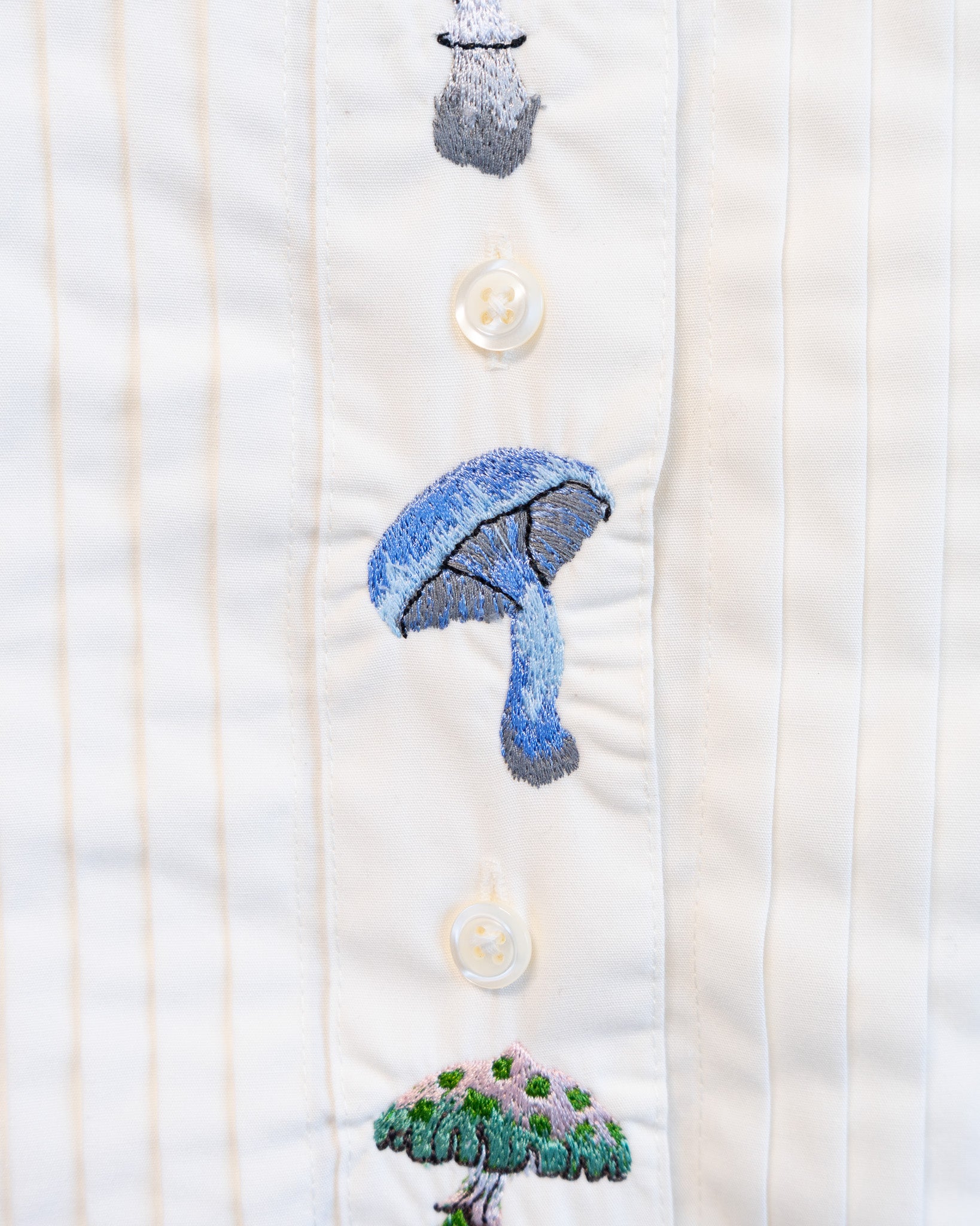 00s "Mushrooms of the Forest" Embroidered Off White Pleated Front Long Sleeved Shirt