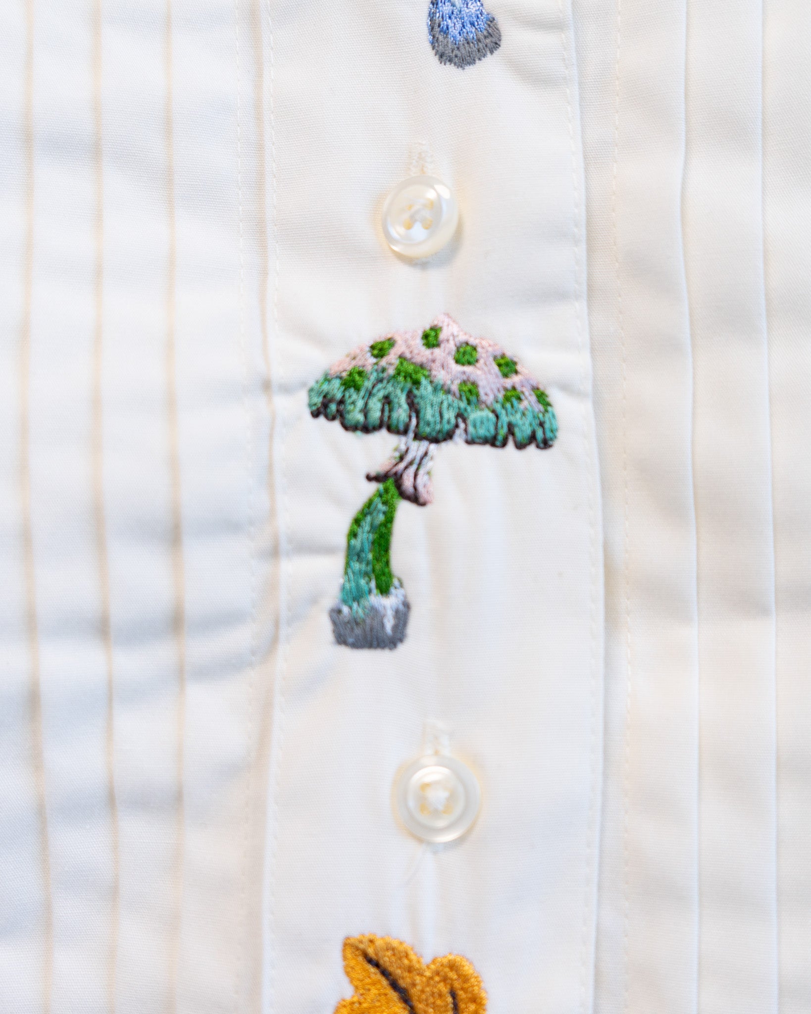 00s "Mushrooms of the Forest" Embroidered Off White Pleated Front Long Sleeved Shirt