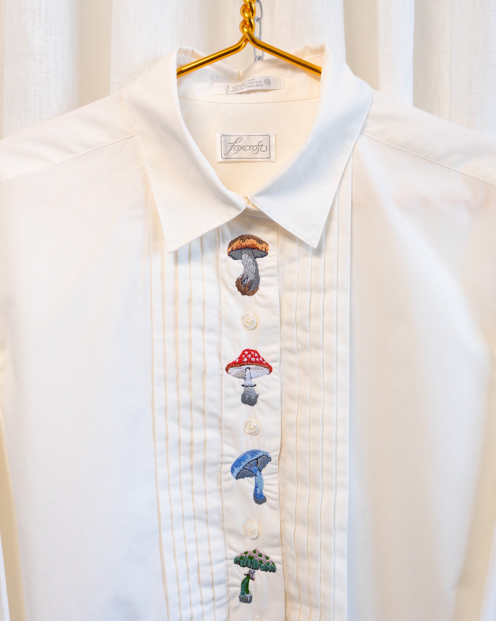 00s "Mushrooms of the Forest" Embroidered Off White Pleated Front Long Sleeved Shirt