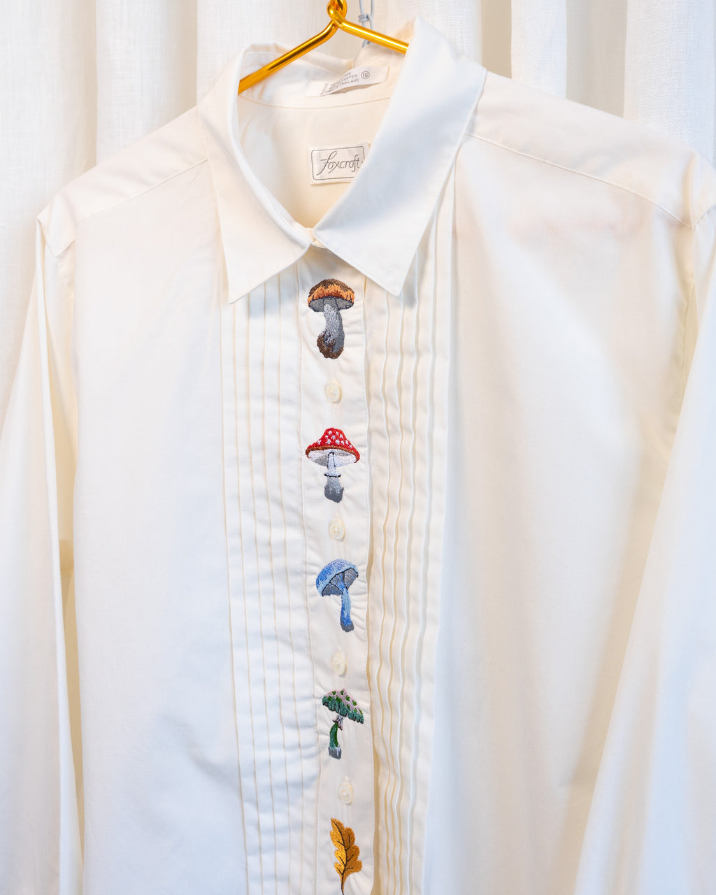 00s "Mushrooms of the Forest" Embroidered Off White Pleated Front Long Sleeved Shirt
