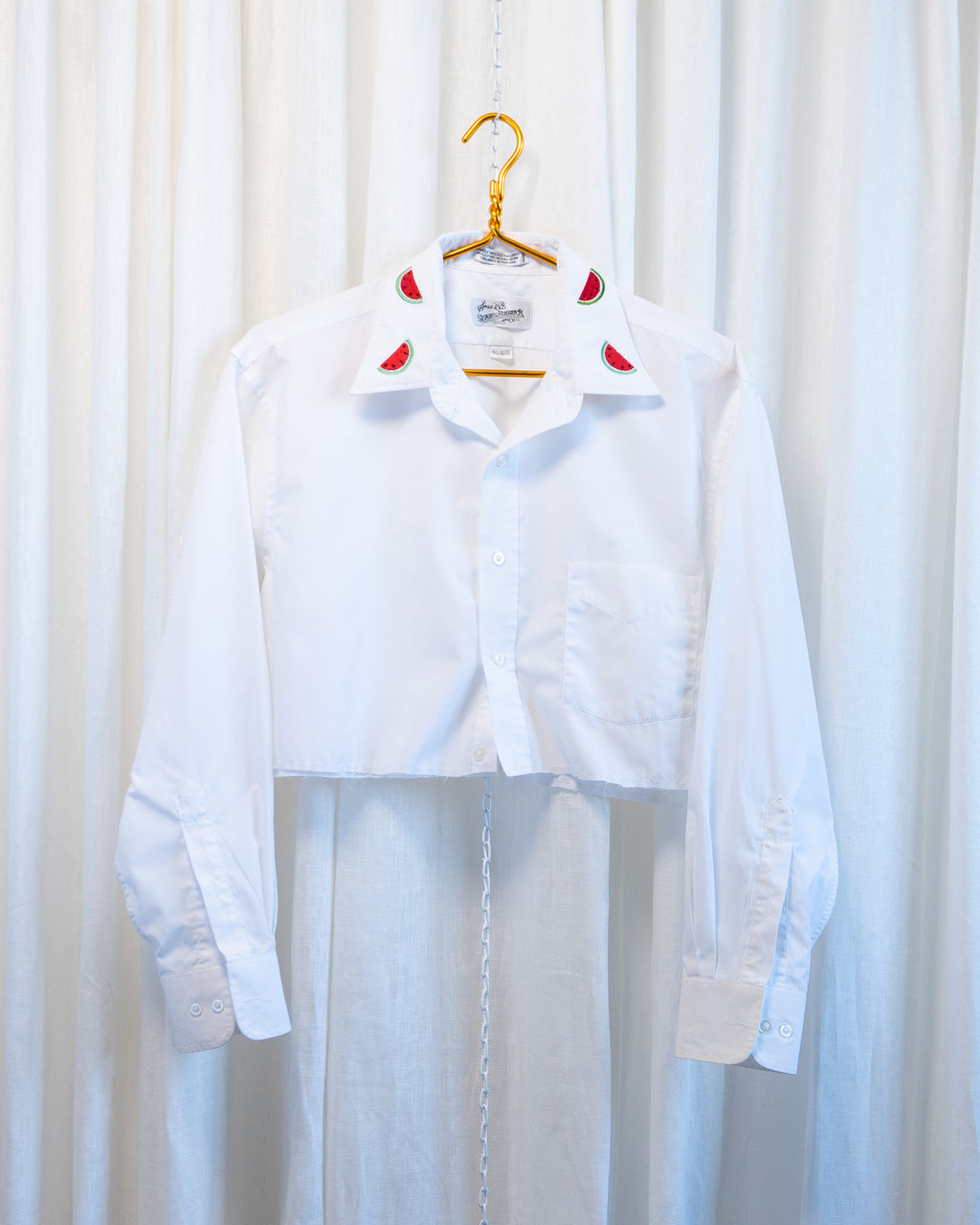 70s "Watermelon" Embroidered Collar & Hemmed Crisp White LS Cropped Shirt