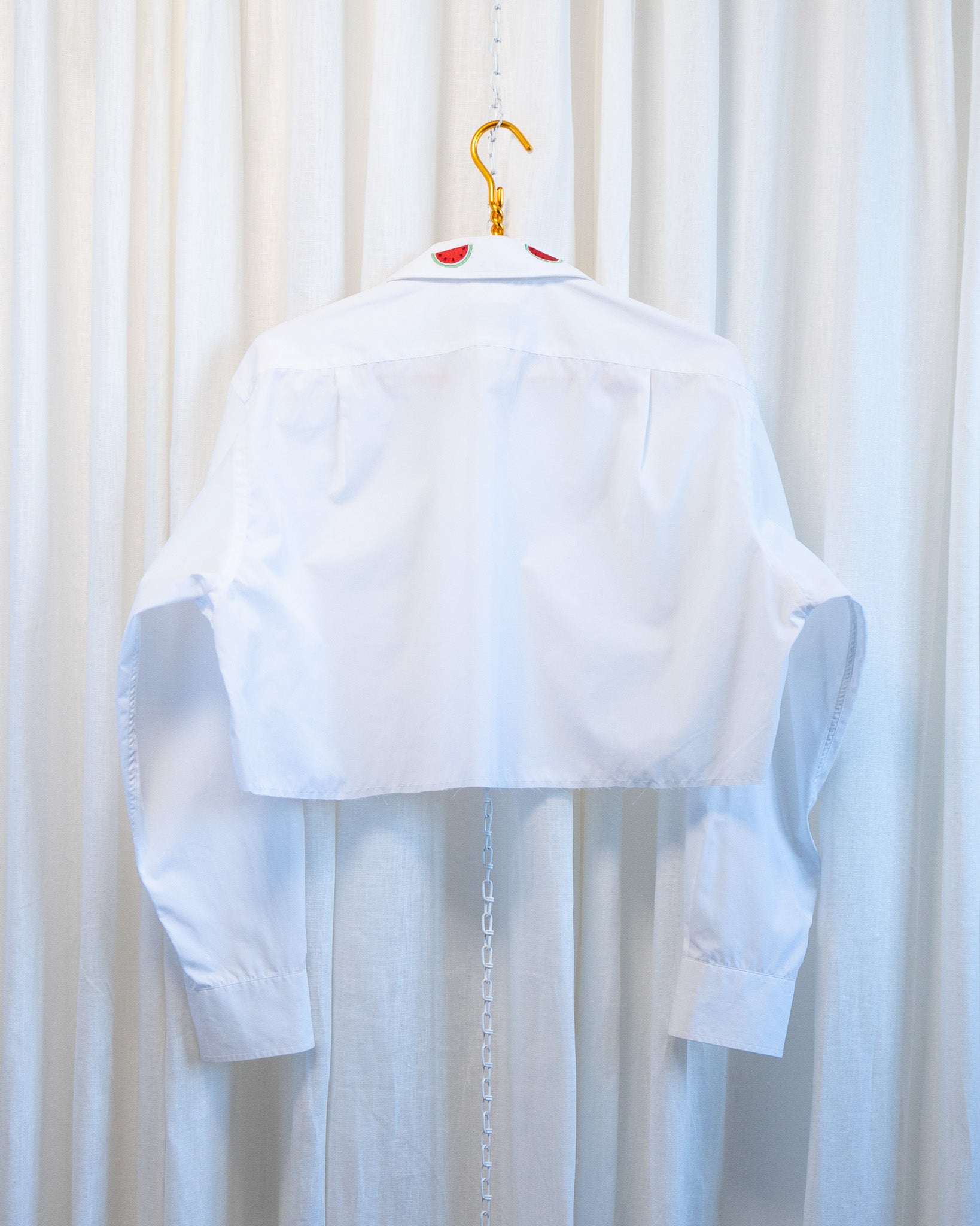 70s "Watermelon" Embroidered Collar & Hemmed Crisp White LS Cropped Shirt