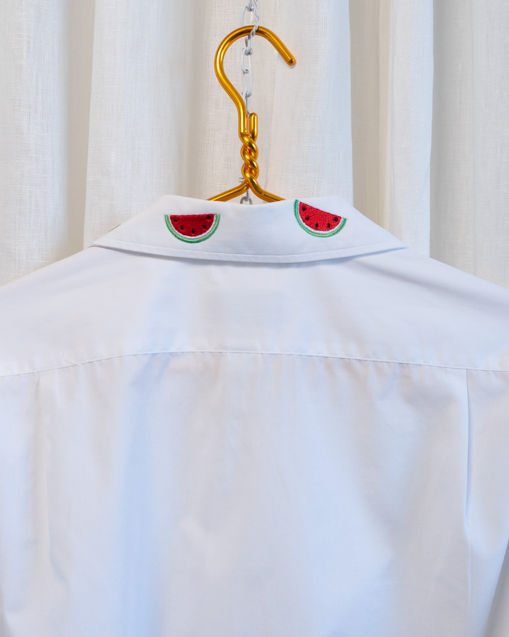 70s "Watermelon" Embroidered Collar & Hemmed Crisp White LS Cropped Shirt