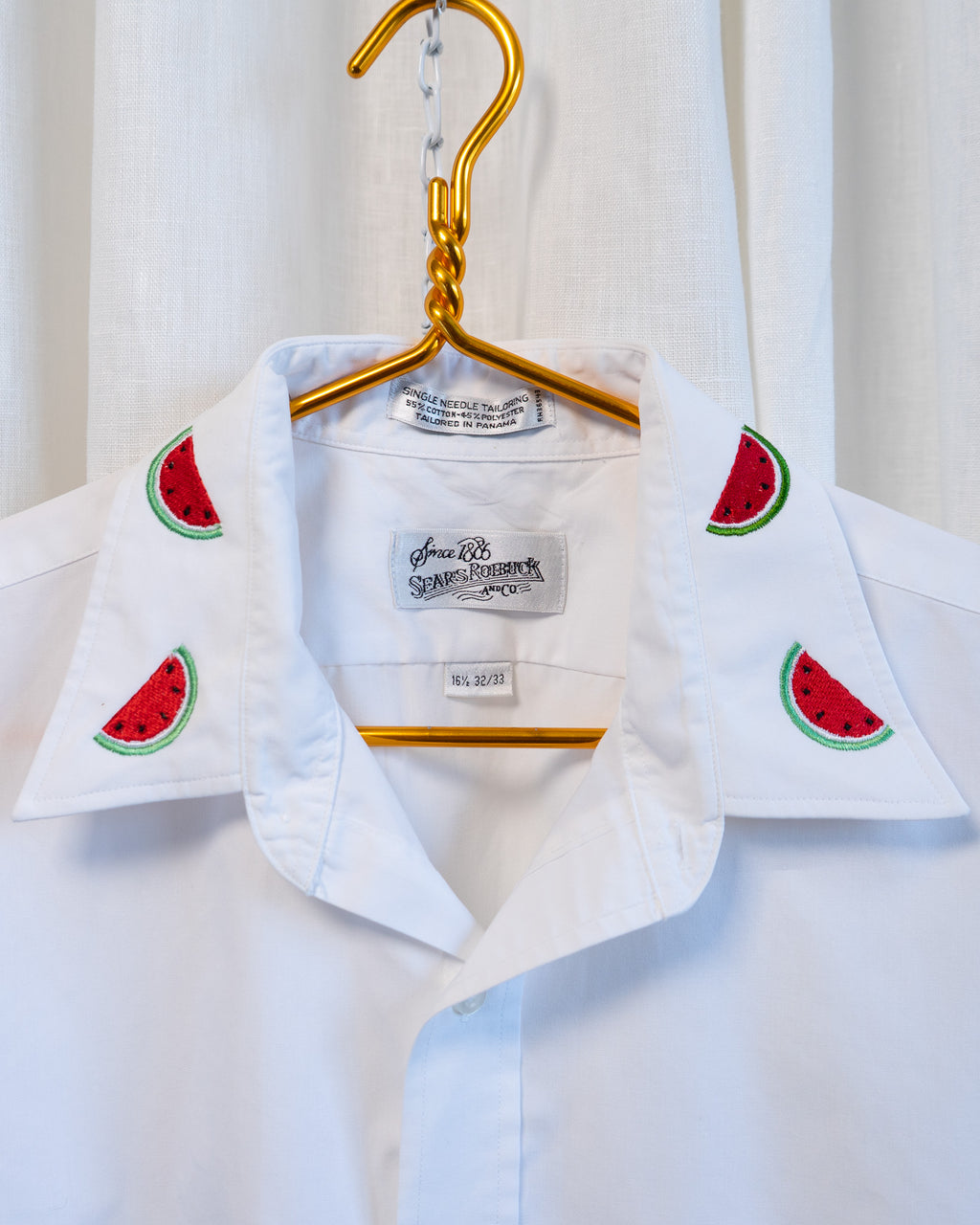 70s "Watermelon" Embroidered Collar & Hemmed Crisp White LS Cropped Shirt