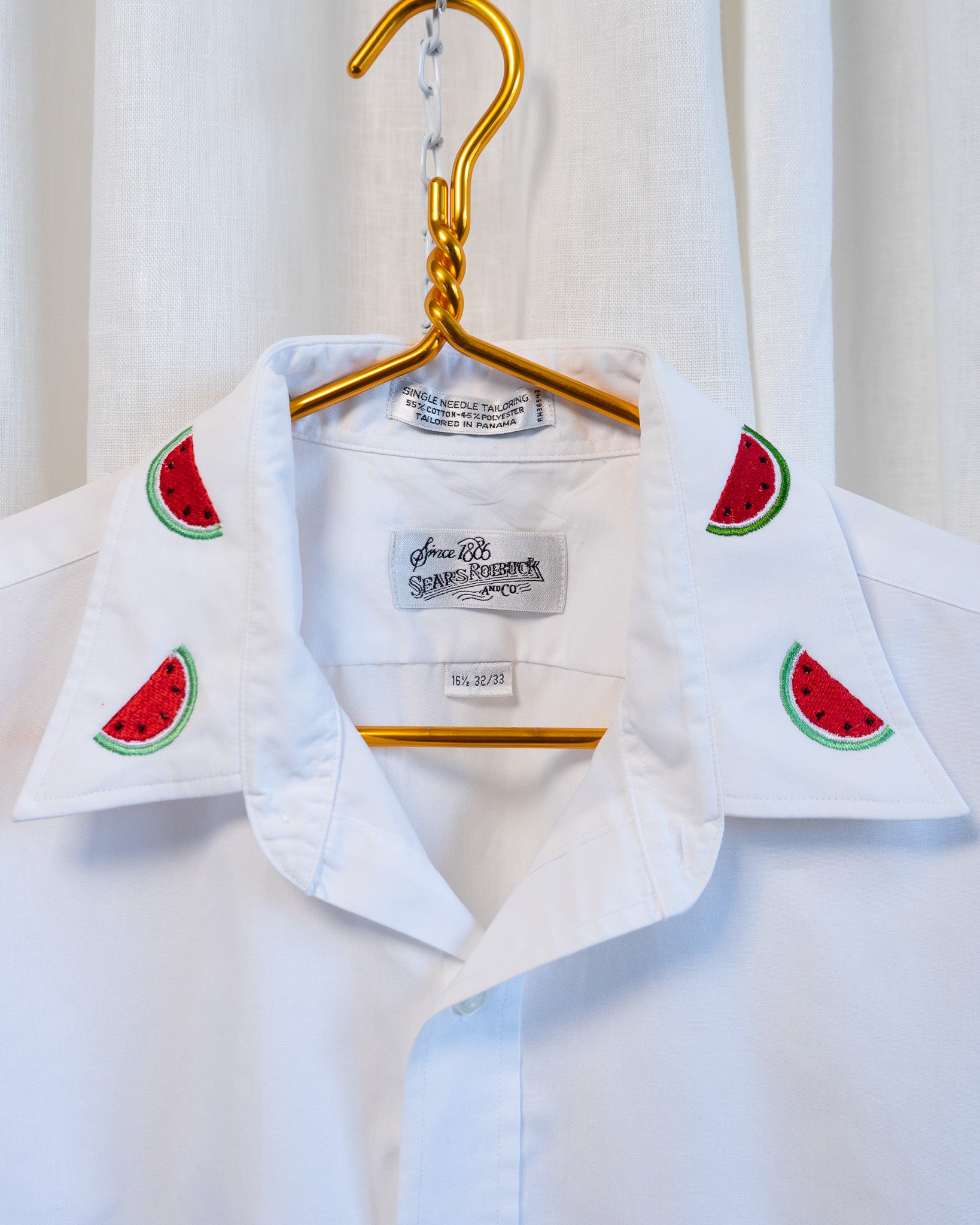 70s "Watermelon" Embroidered Collar & Hemmed Crisp White LS Cropped Shirt