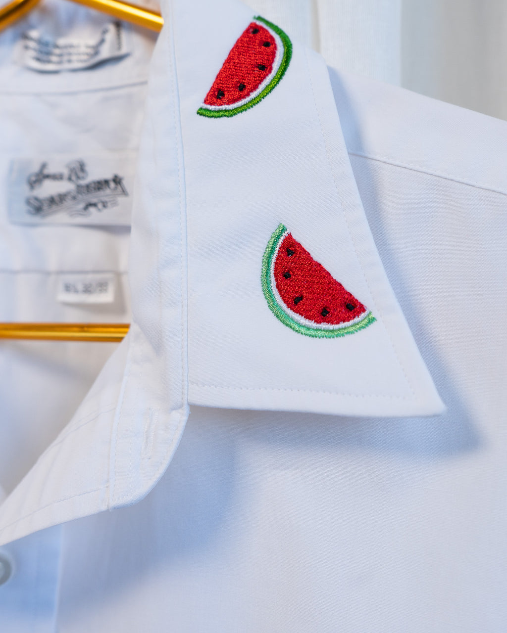70s "Watermelon" Embroidered Collar & Hemmed Crisp White LS Cropped Shirt