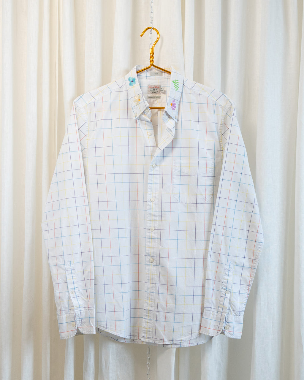 Modern "Swedish Flowers" Embroidered JCrew Colorful Window Pane Button Down Shirt