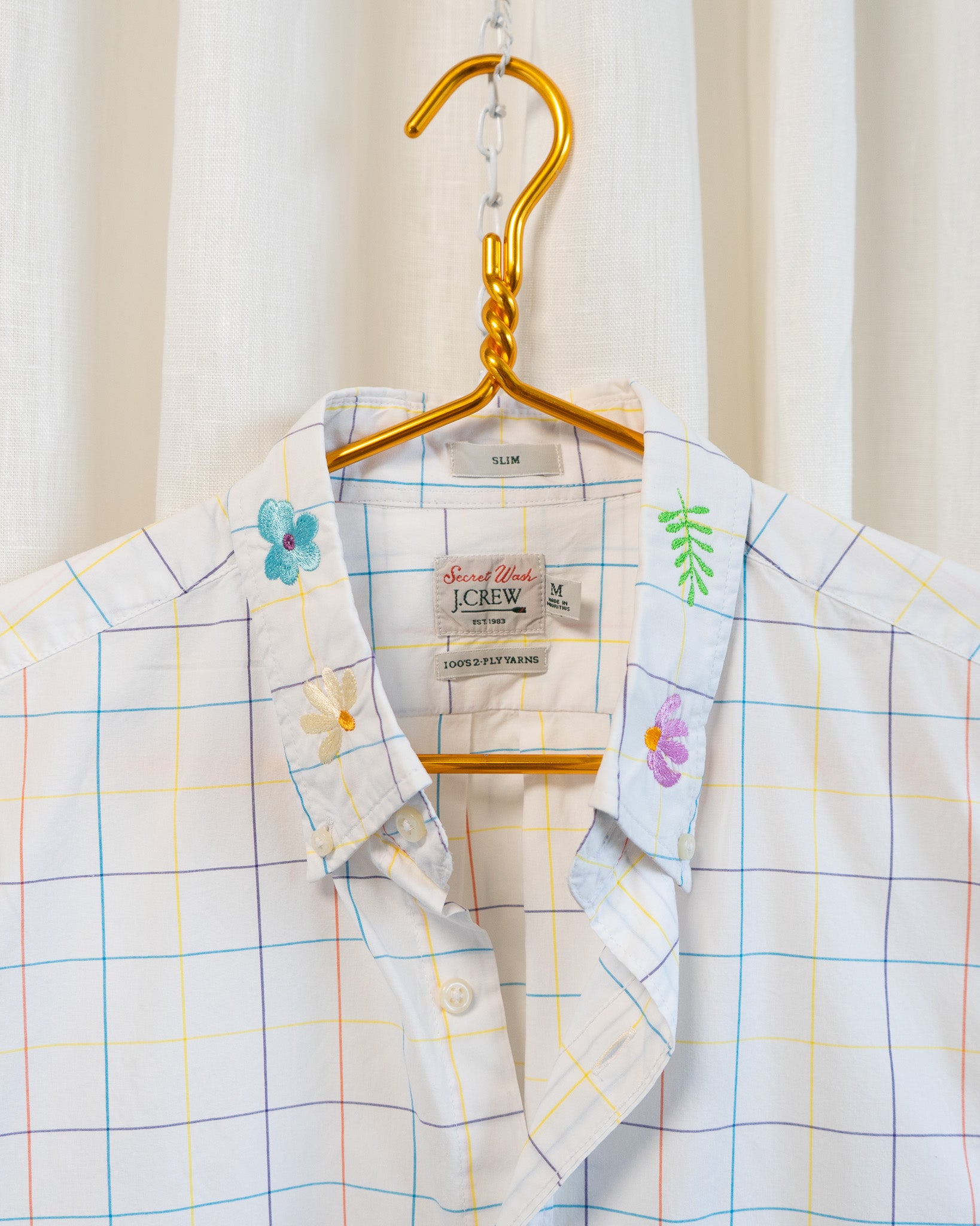Modern "Swedish Flowers" Embroidered JCrew Colorful Window Pane Button Down Shirt