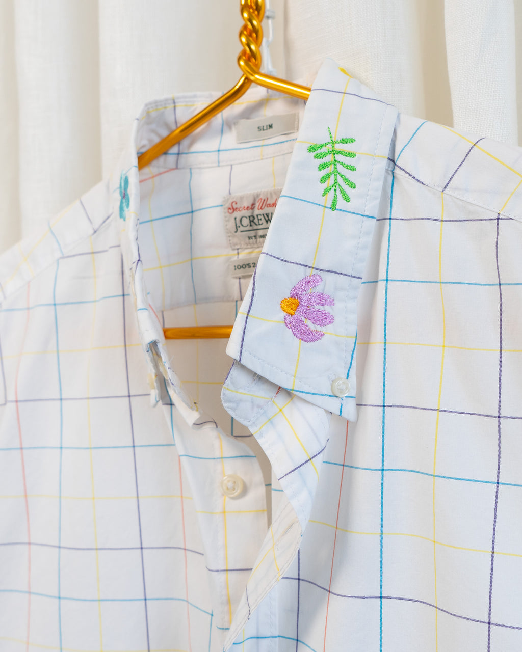 Modern "Swedish Flowers" Embroidered JCrew Colorful Window Pane Button Down Shirt