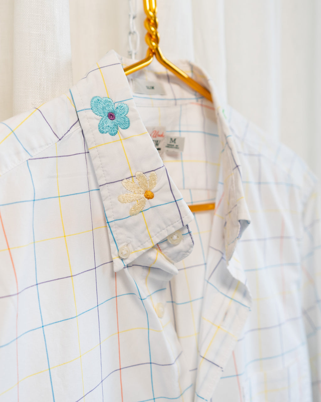 Modern "Swedish Flowers" Embroidered JCrew Colorful Window Pane Button Down Shirt
