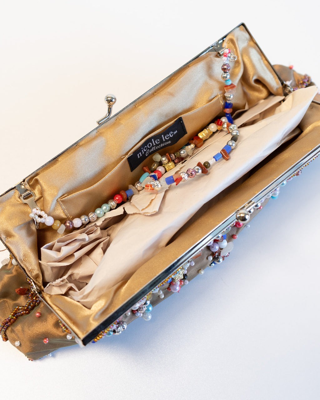 90s Nicole Lee Collections Tan Beaded Clutch w Beaded Strap