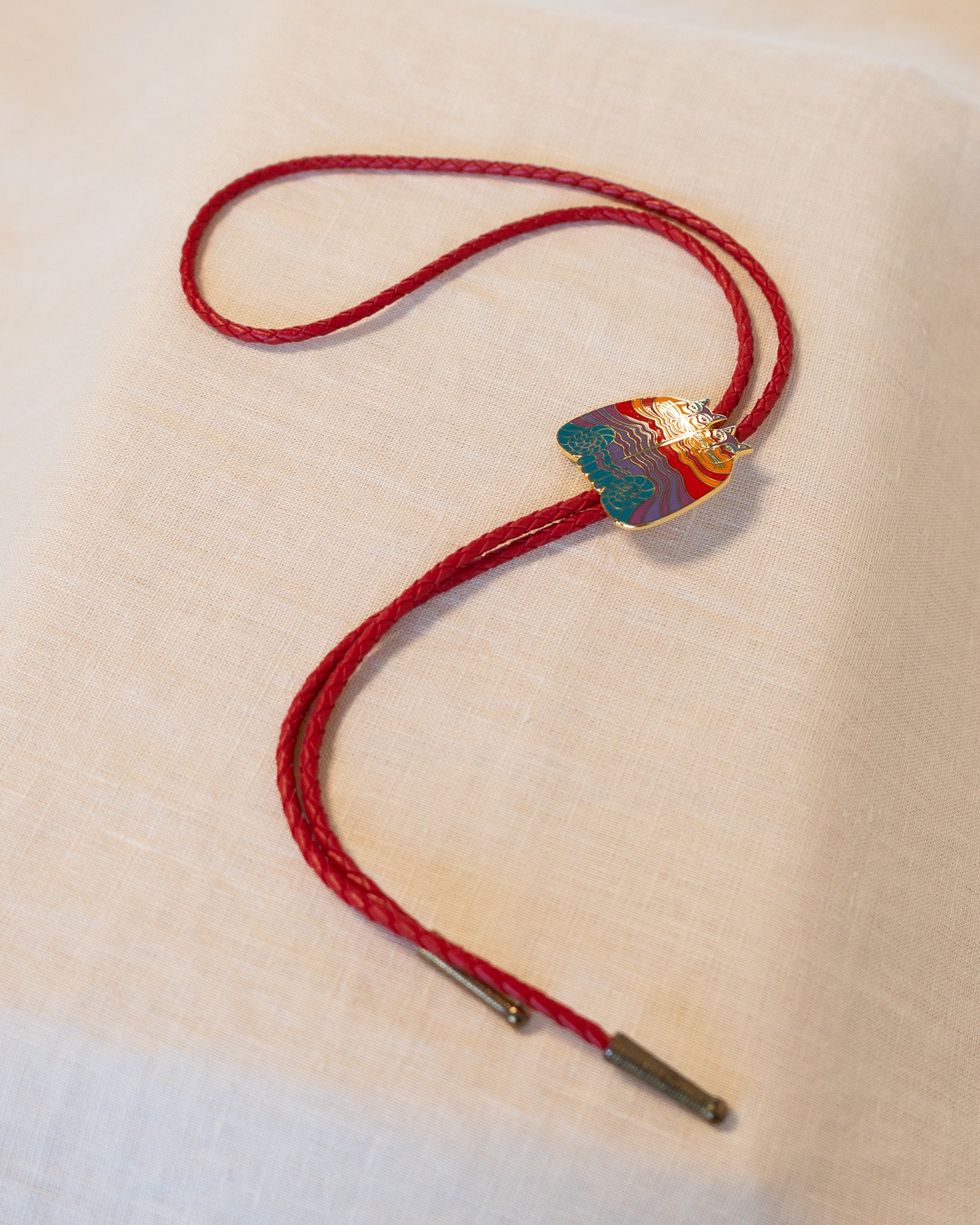1987 "Rainbow Cats" Laurel Burch Genuine Red Leather Bolo Tie