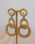 80s Carolee Pearl Brass Interlocking Chain Drop Clip-on Earrings