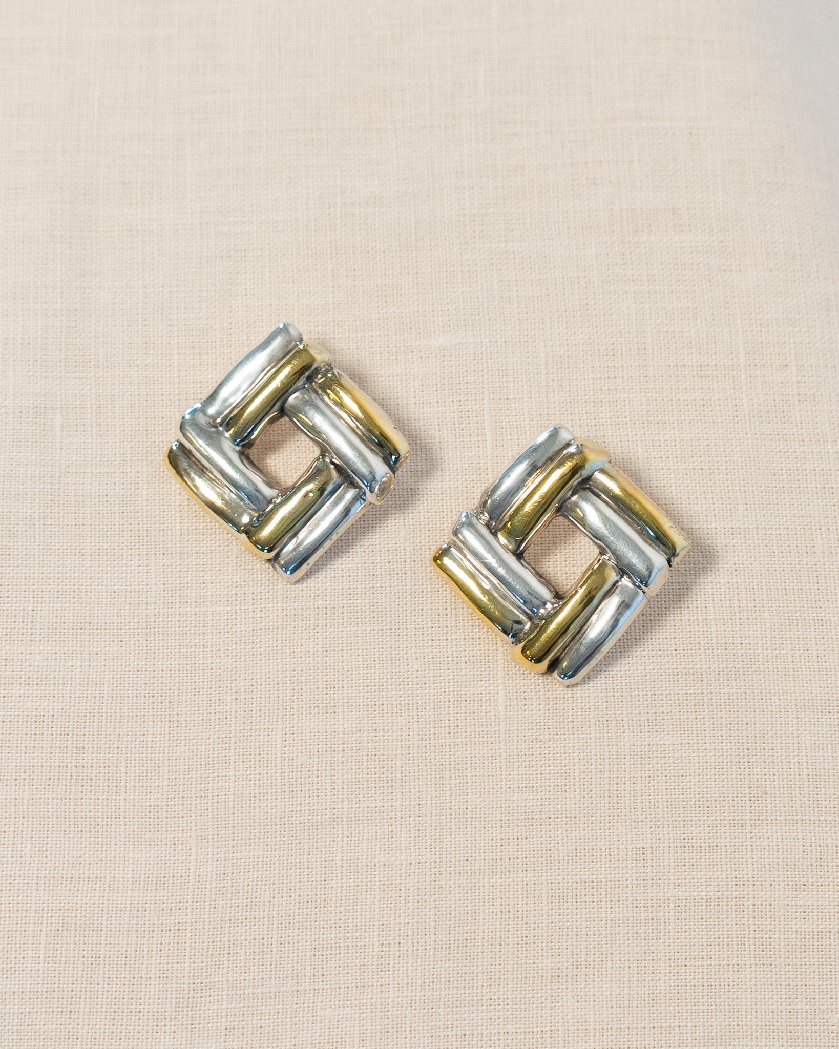 90s Gold & Sterling Silver Square Weave Earrings