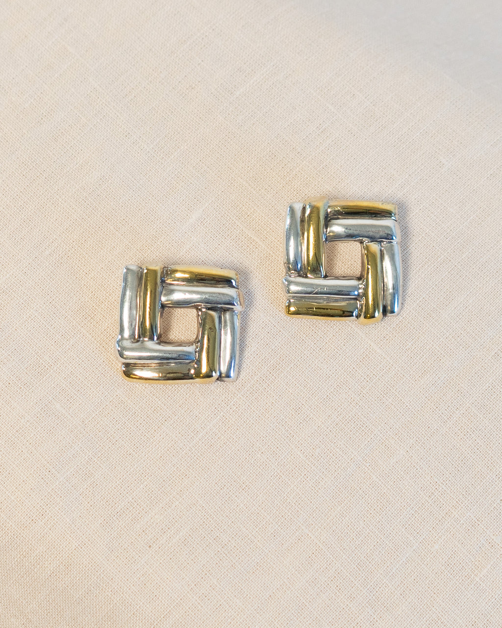 90s Gold & Sterling Silver Square Weave Earrings