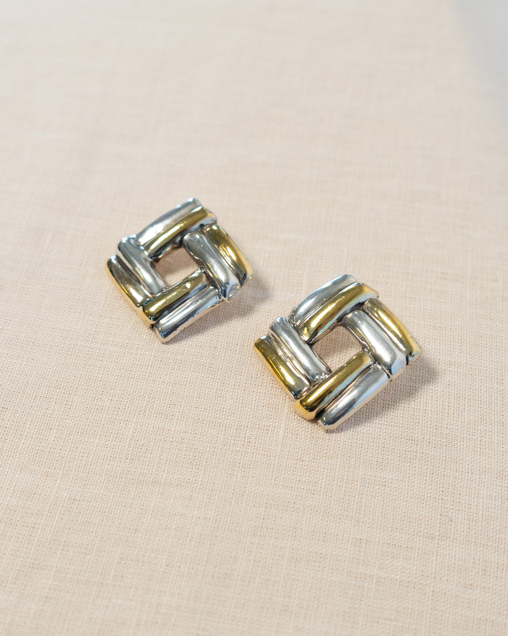 90s Gold & Sterling Silver Square Weave Earrings
